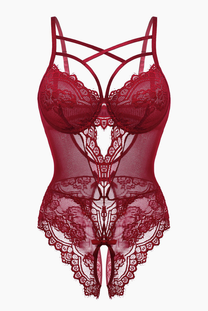 Burgundy Avidlove floral lace harness bodysuit, sexy lingerie with cut-out and open crotch details.