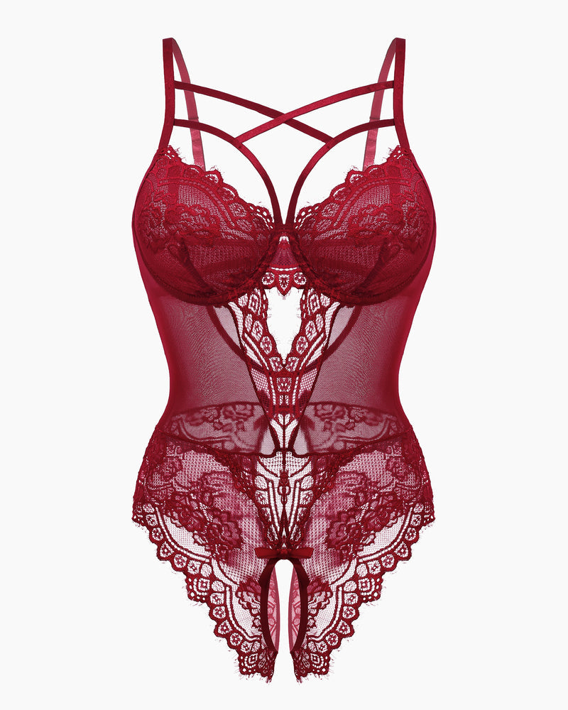 Burgundy Avidlove floral lace harness bodysuit, sexy lingerie with cut-out and open crotch details.