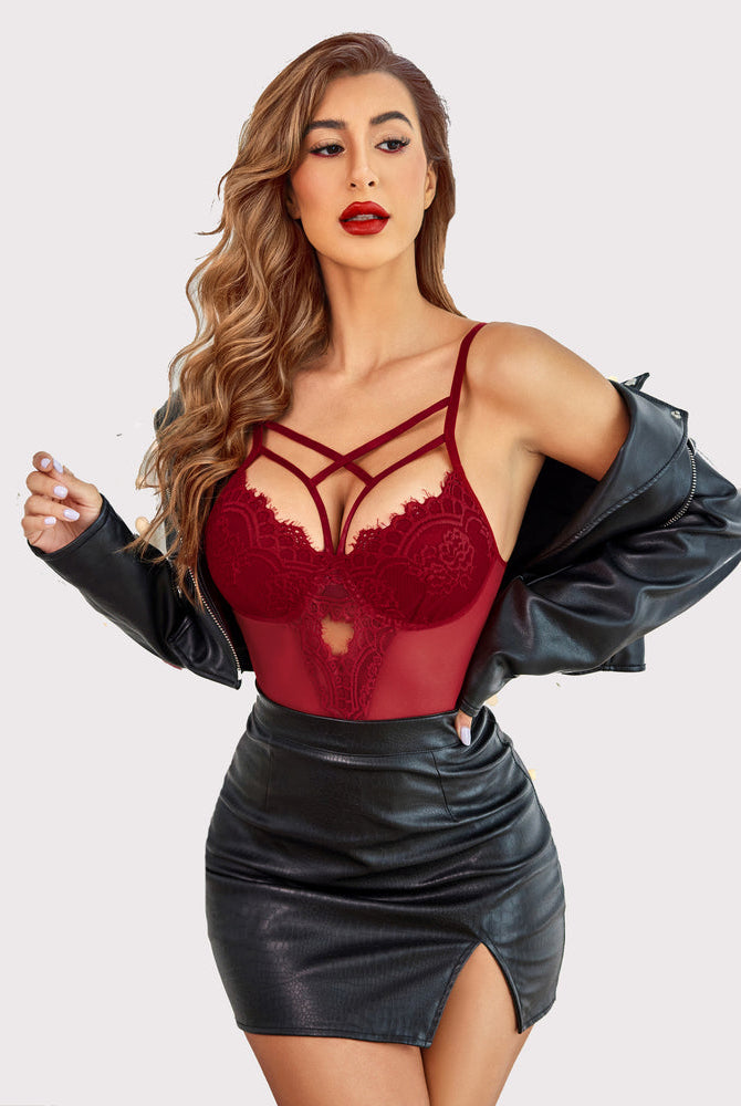Burgundy red lace criss-cross bodysuit, sexy lingerie with adjustable straps, and black skirt