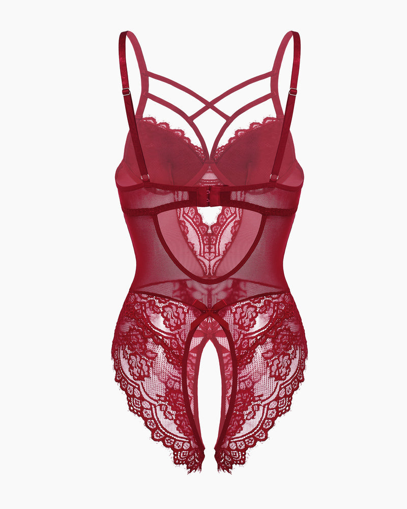Burgundy floral lace harness bodysuit with open crotch and criss-cross straps, sexy lingerie.