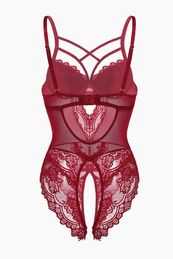 Red lace criss-cross bodysuit with open crotch design, adjustable straps, sexy lingerie gift