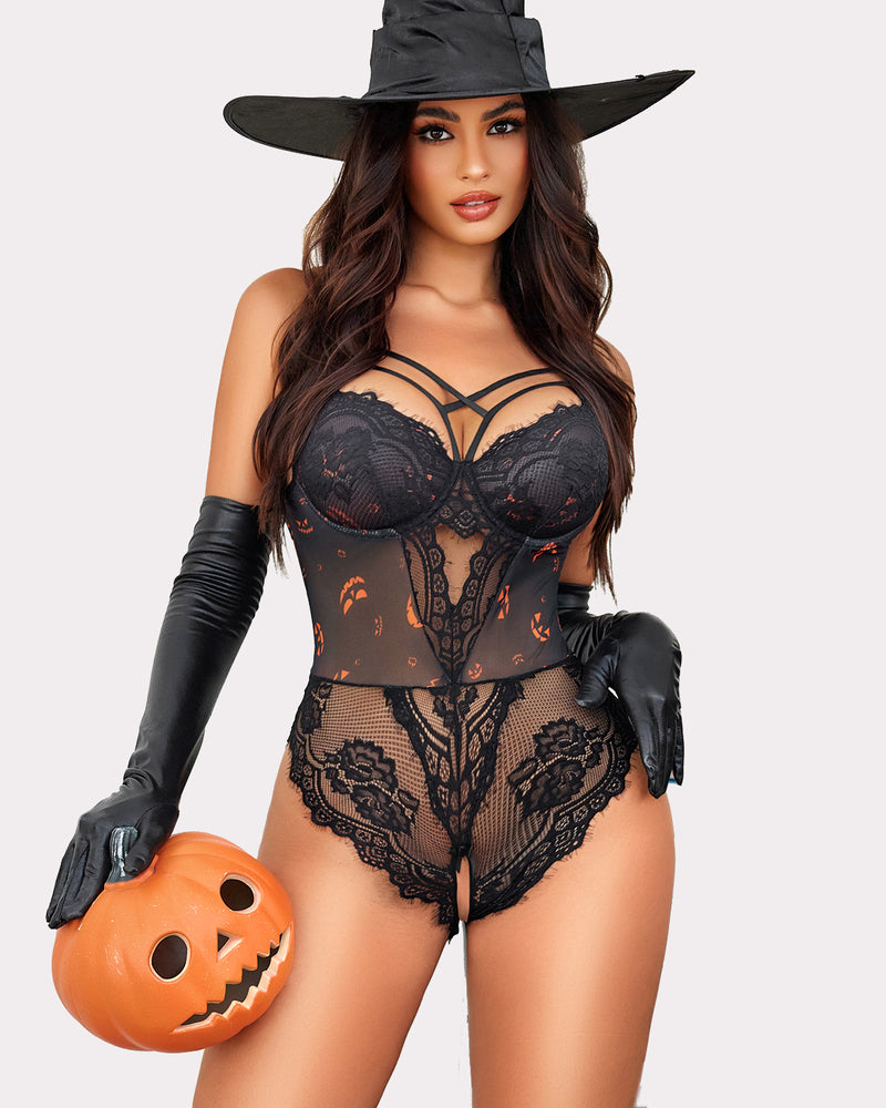 Black lace harness bodysuit with witch hat and pumpkin, sexy lingerie for Halloween