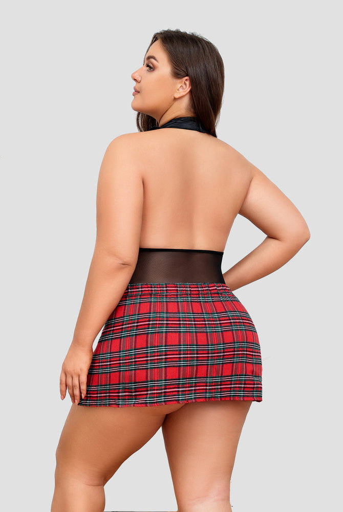 Plus Size Schoolgirl Lingerie: Black halter bodysuit and red plaid skirt. Sexy and comfortable fit.