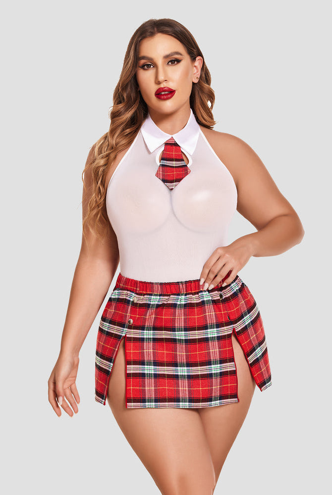 Plus Size Bodysuit with Plaid Skirt, Halter Neck, and Tie: Sexy lingerie for confident women