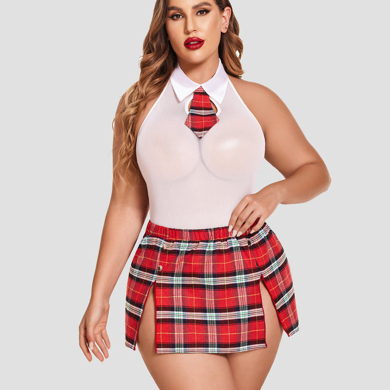 Plus Size Bodysuit with Plaid Skirt, Halter Neck, and Tie: Sexy lingerie for confident women