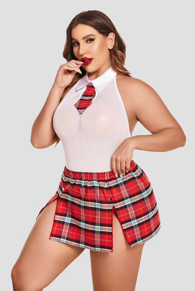 Plus Size Lingerie: Halter bodysuit and red plaid skirt schoolgirl outfit with tie, sexy fit.
