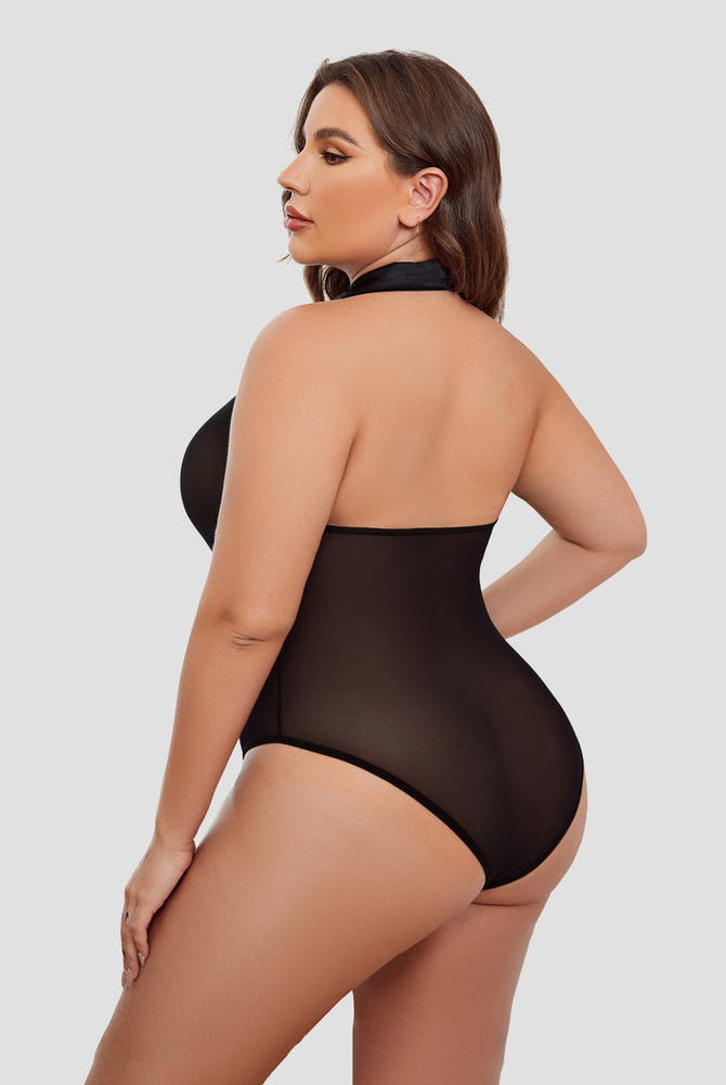 Black Halter Bodysuit. Sheer plus size lingerie with halter neck and comfortable fit.