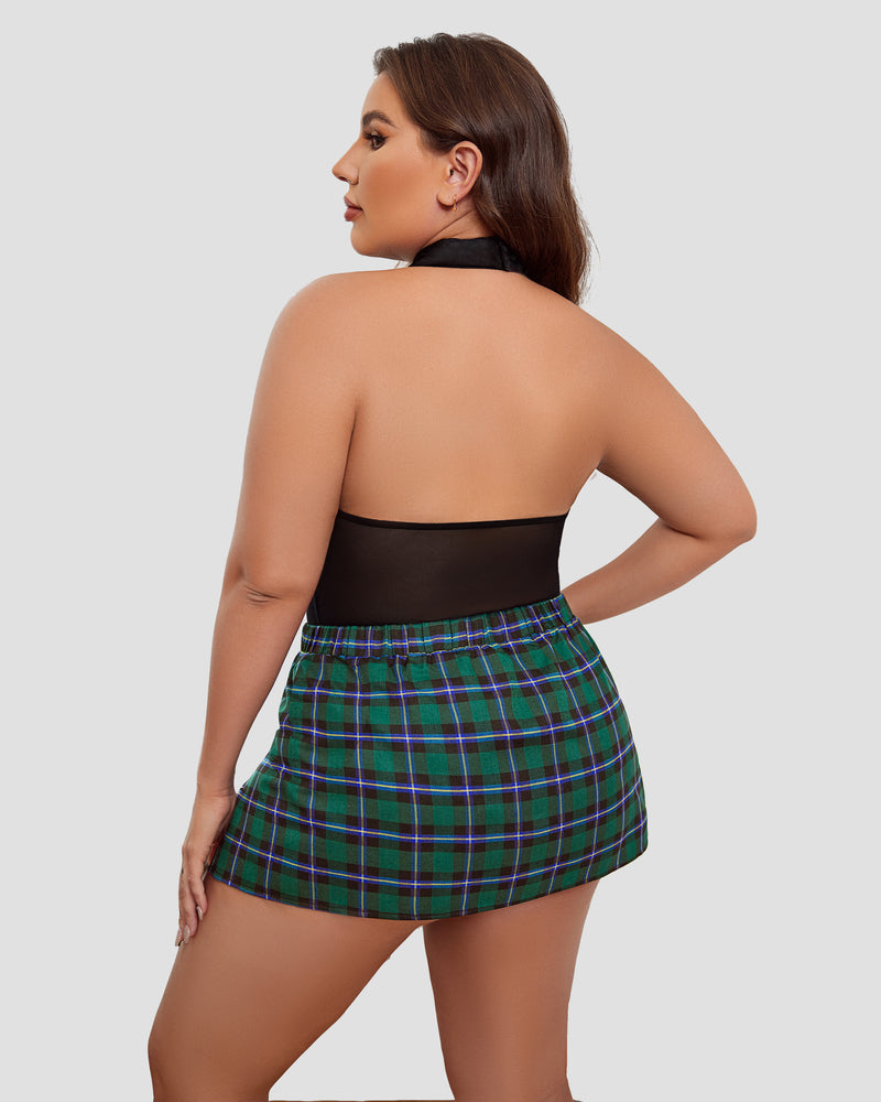 Plus Size Schoolgirl Lingerie: Halter bodysuit and green plaid skirt, sexy fit.