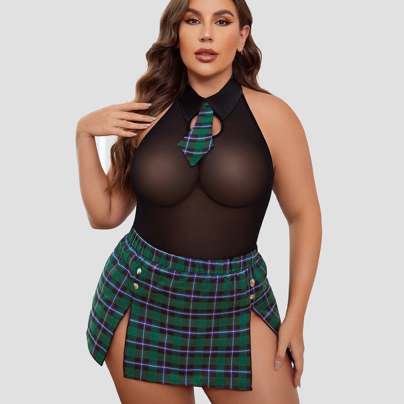 Plus Size Halter Bodysuit with Plaid Skirt: Black lingerie with green plaid, sexy schoolgirl outfit.
