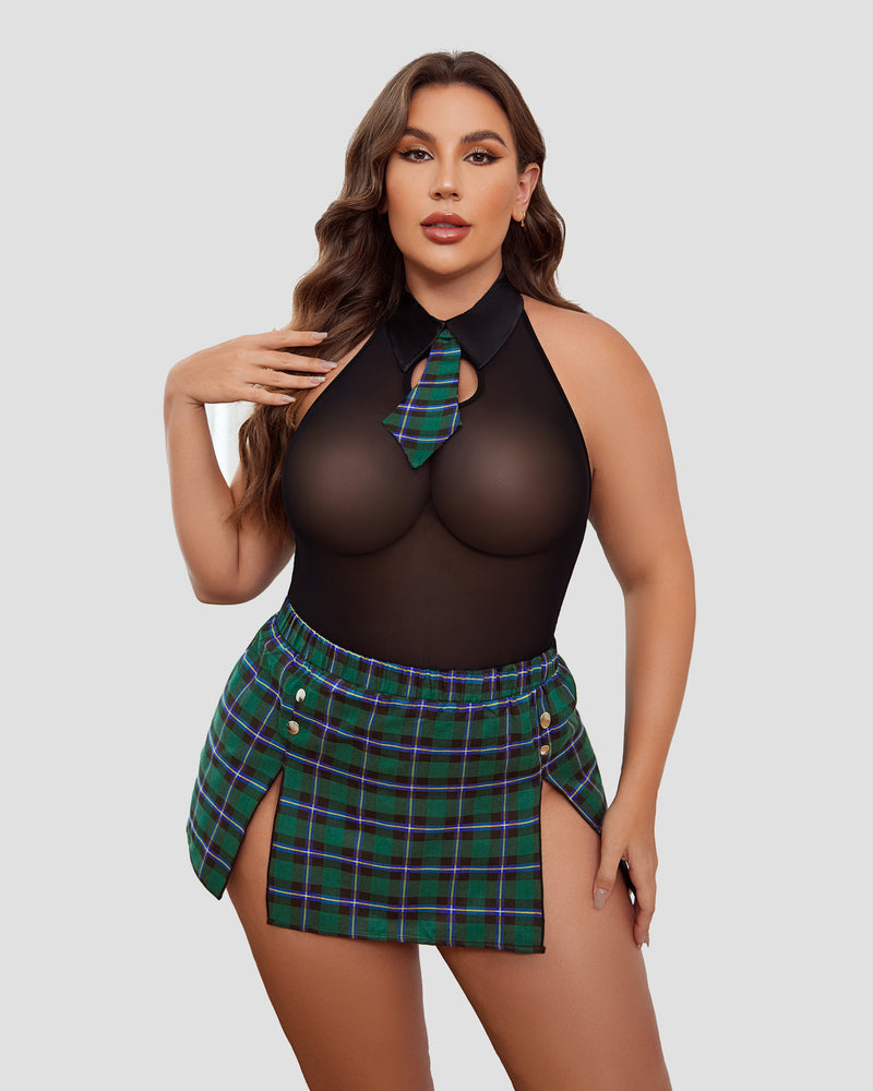 Plus Size Halter Bodysuit with Plaid Skirt: Black lingerie with green plaid, sexy schoolgirl outfit.