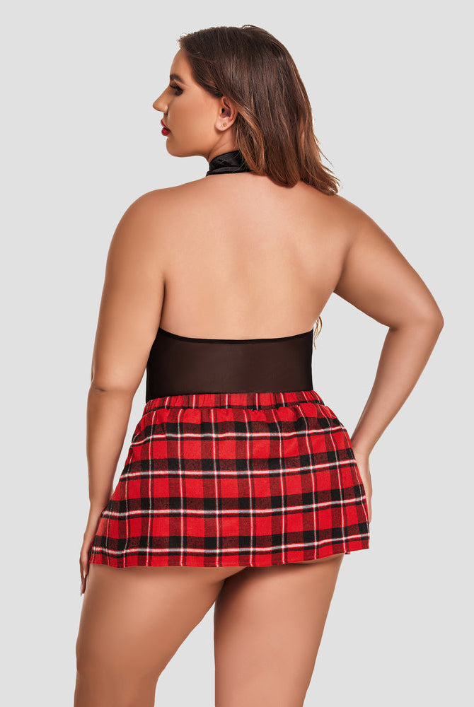 Plus Size Schoolgirl Lingerie: Back view of halter bodysuit and red plaid skirt, sexy fit.