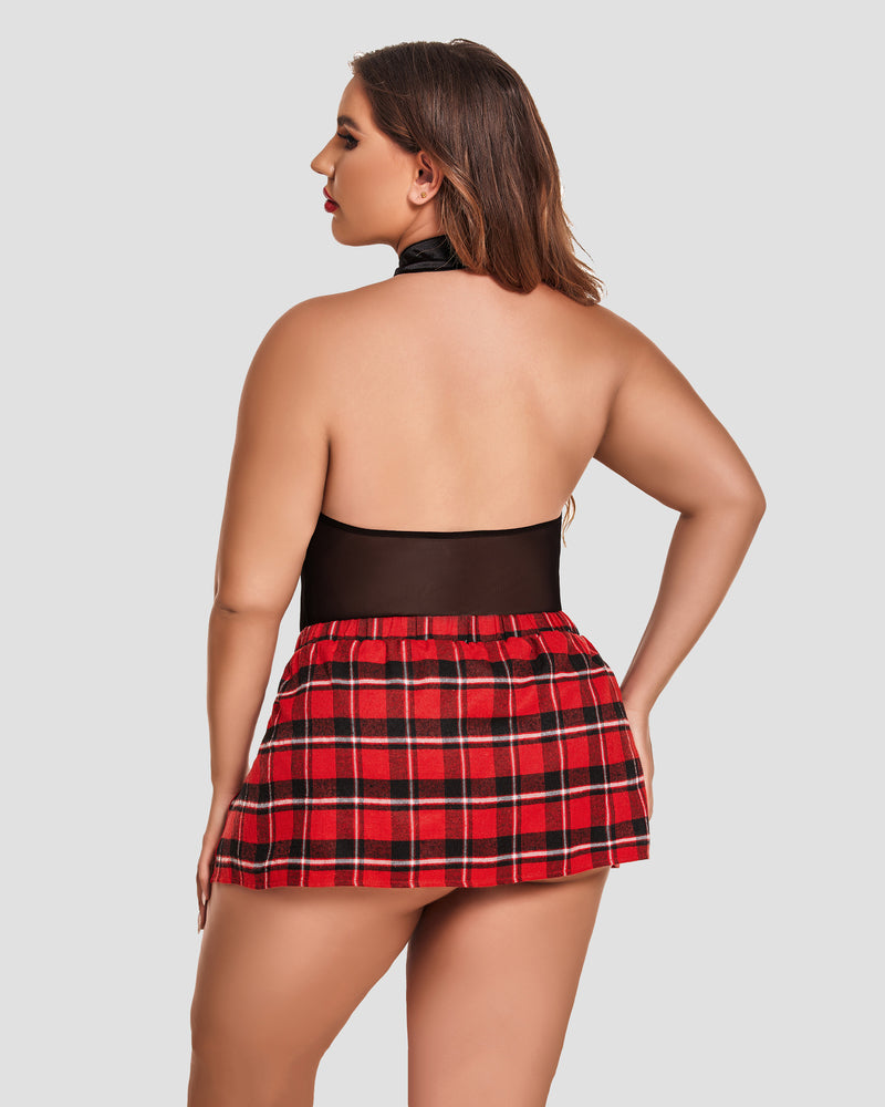 Plus Size Schoolgirl Lingerie: Back view of halter bodysuit and red plaid skirt, sexy fit.
