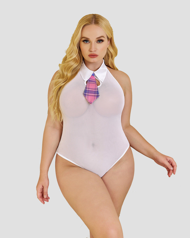 Plus Size Halter Bodysuit: Sheer white lingerie with pink plaid tie, schoolgirl style, sexy fit