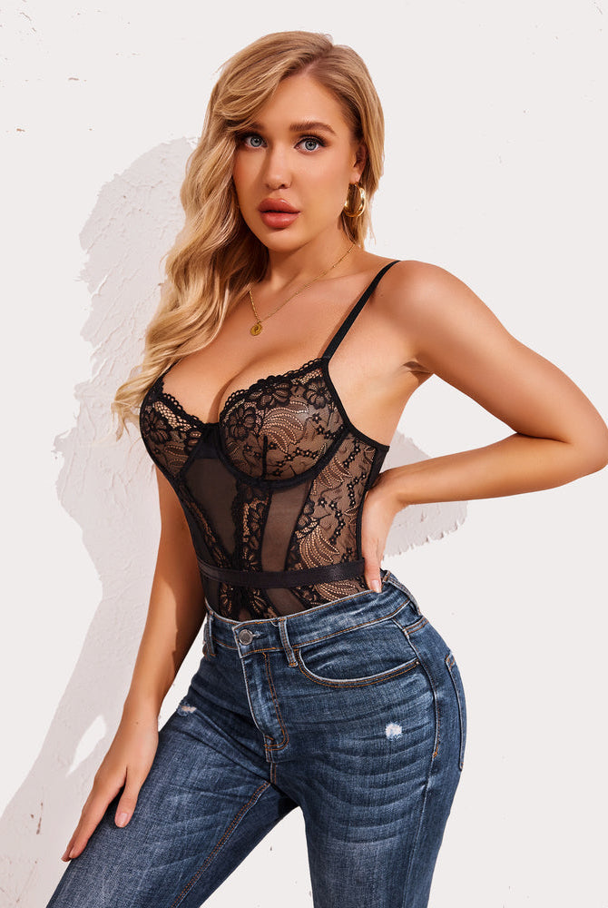 Black lace underwire bodysuit with snap crotch and floral lace, sexy lingerie for women