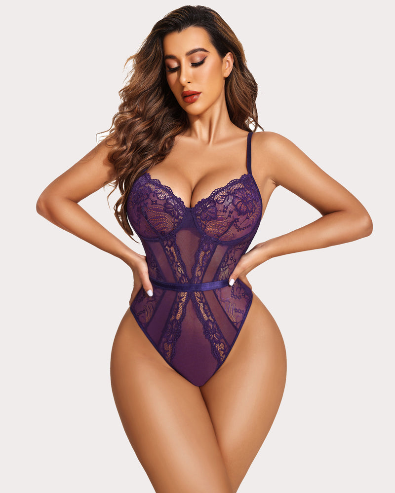 Purple underwire lace bodysuit with floral details and snap crotch. Sexy lingerie.