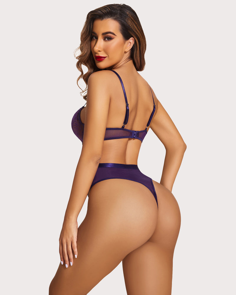 Purple lace underwire lingerie set with high-waisted thong. Adjustable straps, mesh details, sexy.