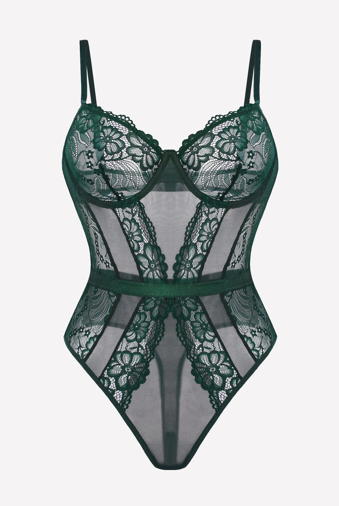 Emerald green underwire lace bodysuit with snap crotch; floral details.