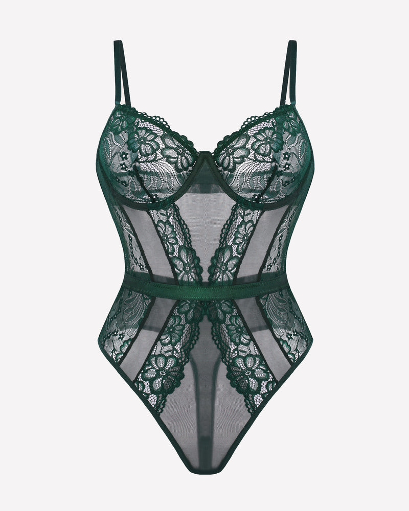 Emerald green underwire lace bodysuit with snap crotch; floral details.