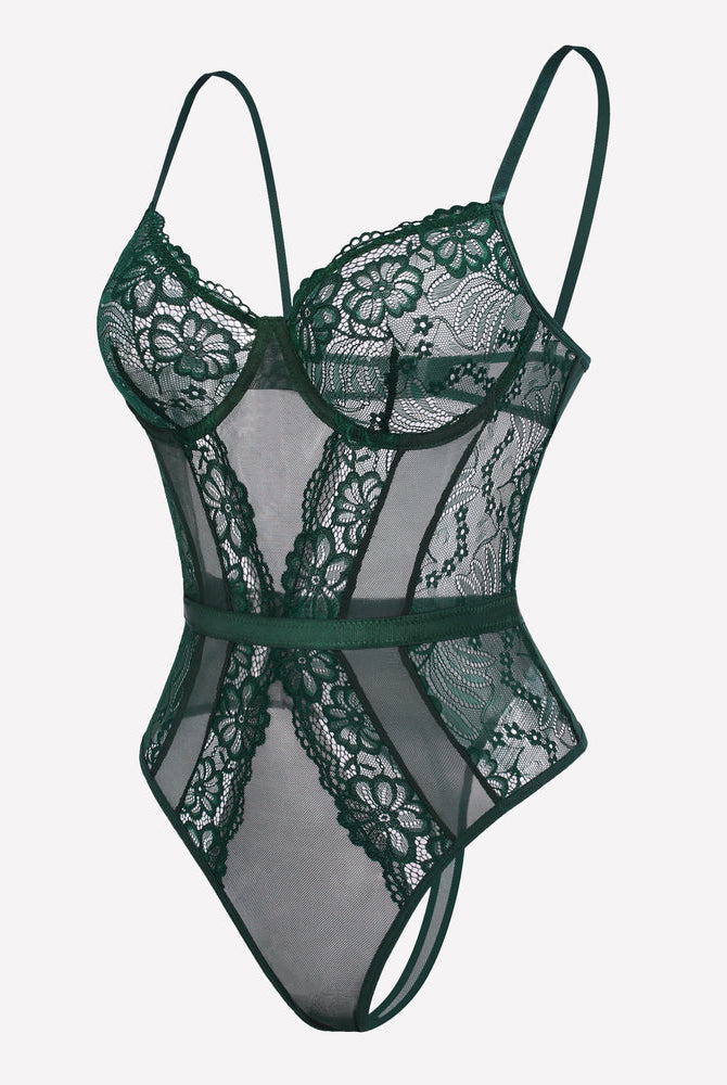 Emerald green floral lace underwire bodysuit teddy with mesh and adjustable straps.