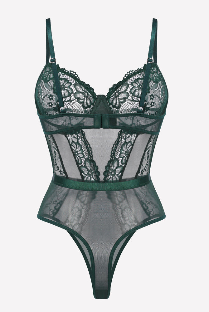 Emerald green lace underwire bodysuit with snap crotch and floral details; sexy lingerie
