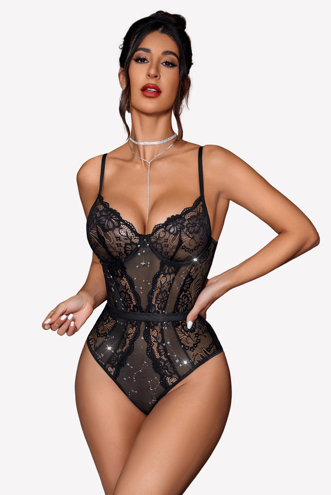 Black lace underwire bodysuit with floral lace details; sexy lingerie with underwire.