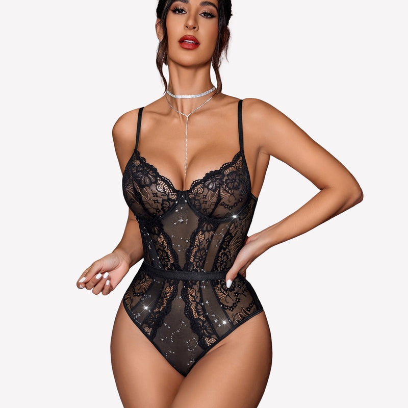 Black lace underwire bodysuit with floral lace details; sexy lingerie with underwire.