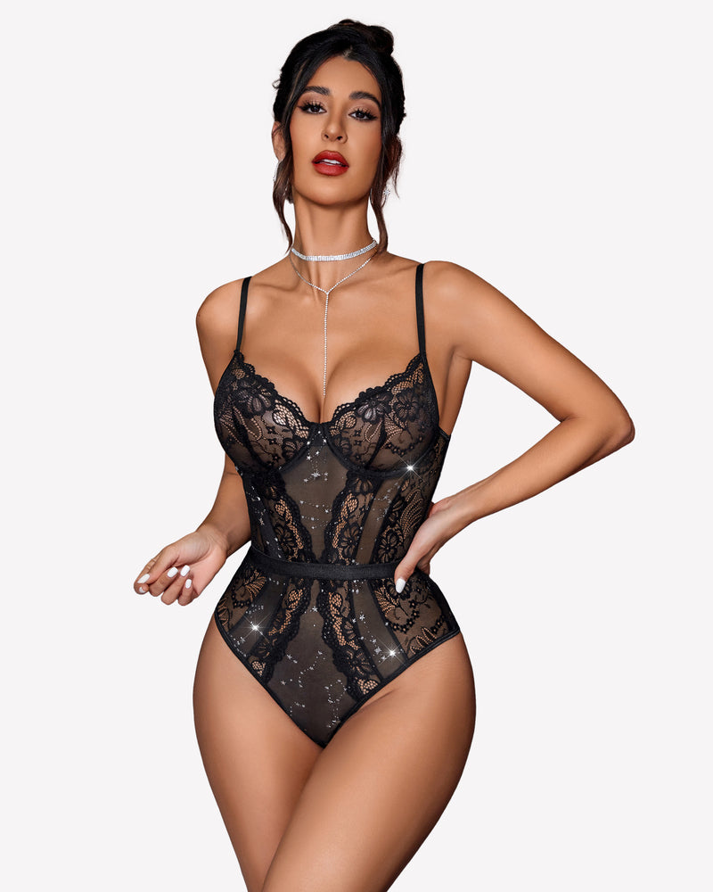 Black lace underwire bodysuit with floral lace details; sexy lingerie with underwire.