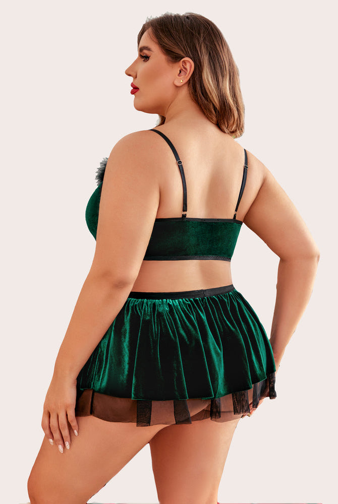 Plus size green velvet Santa babydoll lingerie set, v-neck bra and mini skirt for Christmas