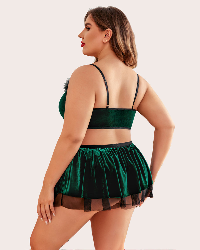 Plus size green velvet Santa babydoll lingerie set, v-neck bra and mini skirt for Christmas