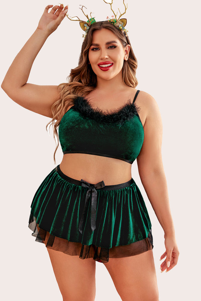 Plus Size Green Velvet Santa Babydoll Set with Fur Trim and Reindeer Antlers, perfect for Christmas.
