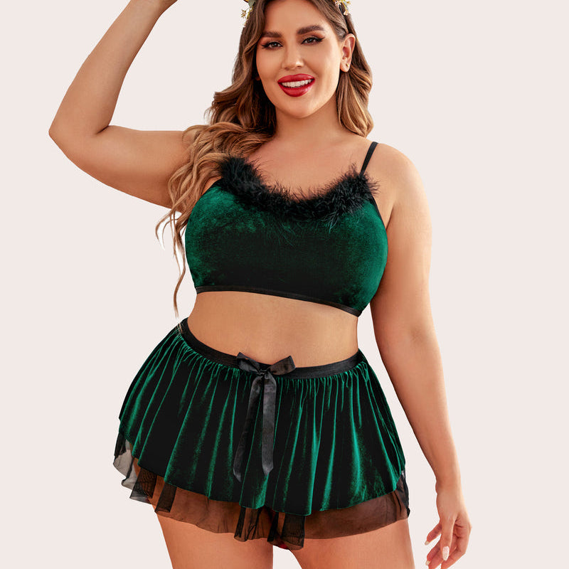Plus Size Green Velvet Santa Babydoll Set with Fur Trim and Reindeer Antlers, perfect for Christmas.