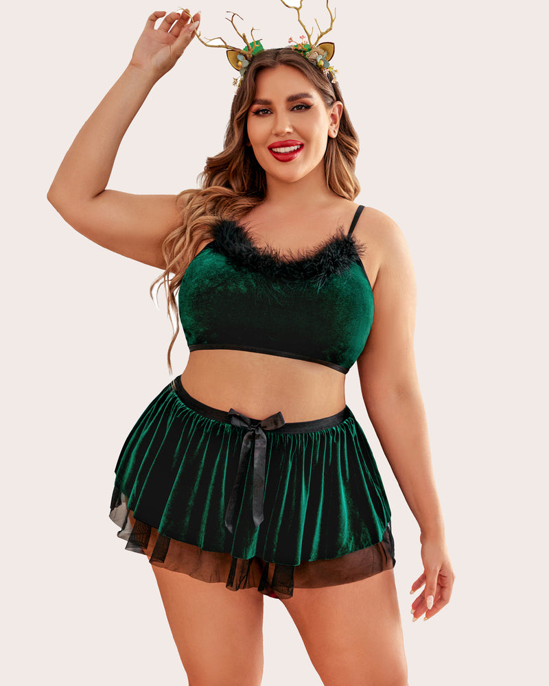 Plus Size Green Velvet Santa Babydoll Set with Fur Trim and Reindeer Antlers, perfect for Christmas.
