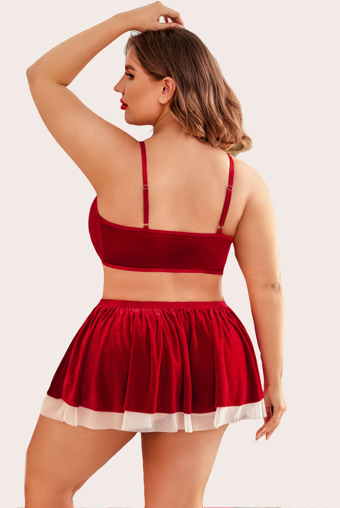 Plus Size Red Velvet Santa Babydoll Lingerie Set, featuring a v-neck bra and mini skirt