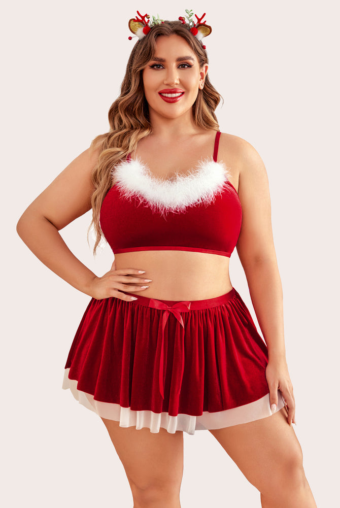 Plus Size Velvet Santa Babydoll Set with Fur Trim and Reindeer Antlers, Perfect for Christmas.