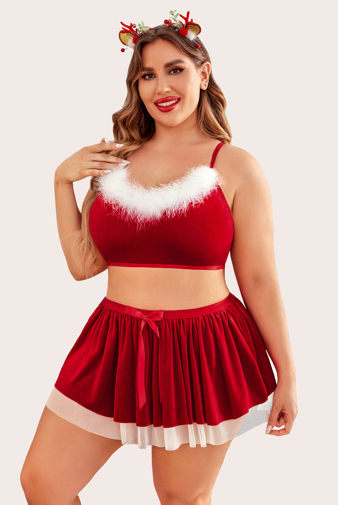 Plus Size Red Velvet Santa Babydoll Lingerie Set with Fur Trim and Reindeer Antlers