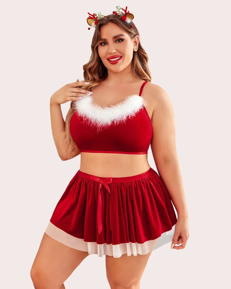 Plus Size Red Velvet Santa Babydoll Lingerie Set with Fur Trim and Reindeer Antlers