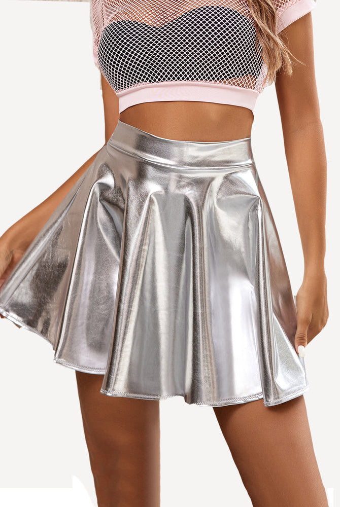 Shiny silver mini A-line skater skirt, high-waist, flared design, sexy and stylish