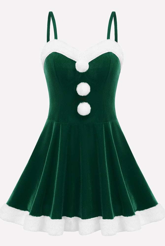 Green Christmas Santa dress with white fur trim, pom-poms, and spaghetti straps. Holiday outfit
