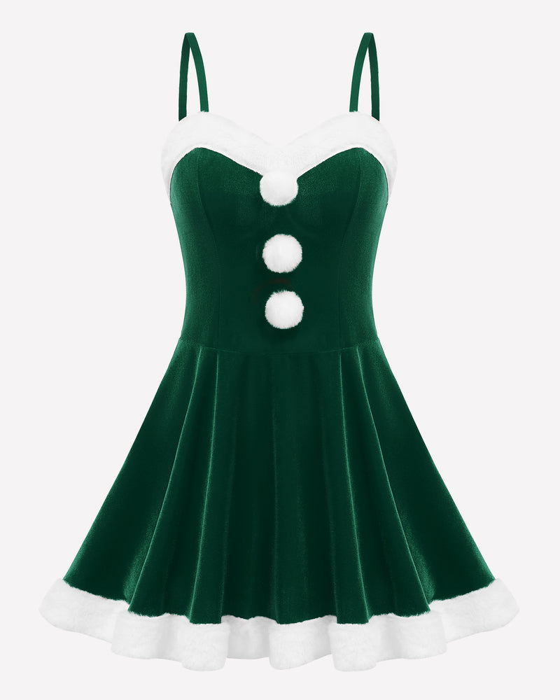Green Christmas Santa dress with white fur trim, pom-poms, and spaghetti straps. Holiday outfit