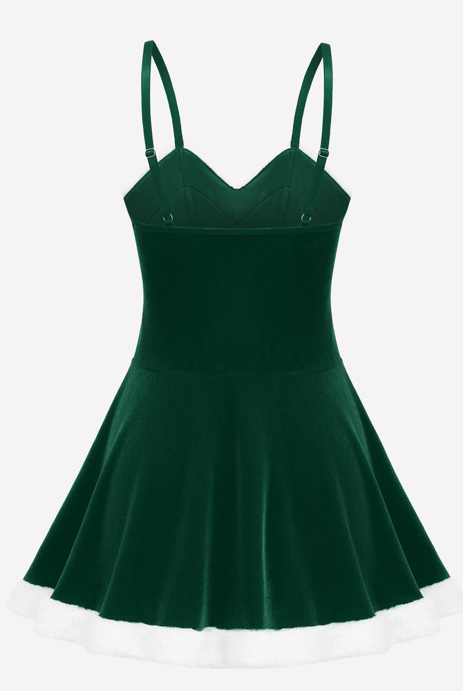 Green Christmas Santa dress with white fur trim and spaghetti straps, perfect holiday outfit.