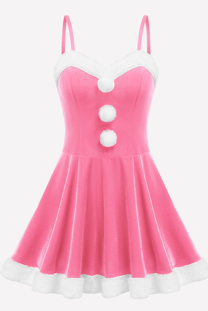 Pink Christmas Santa dress with white fur trim, spaghetti straps, and pom-poms