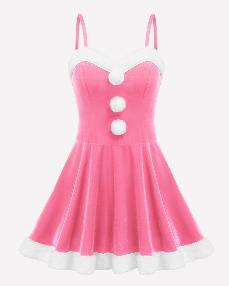 Pink Christmas Santa dress with white fur trim, spaghetti straps, and pom-poms