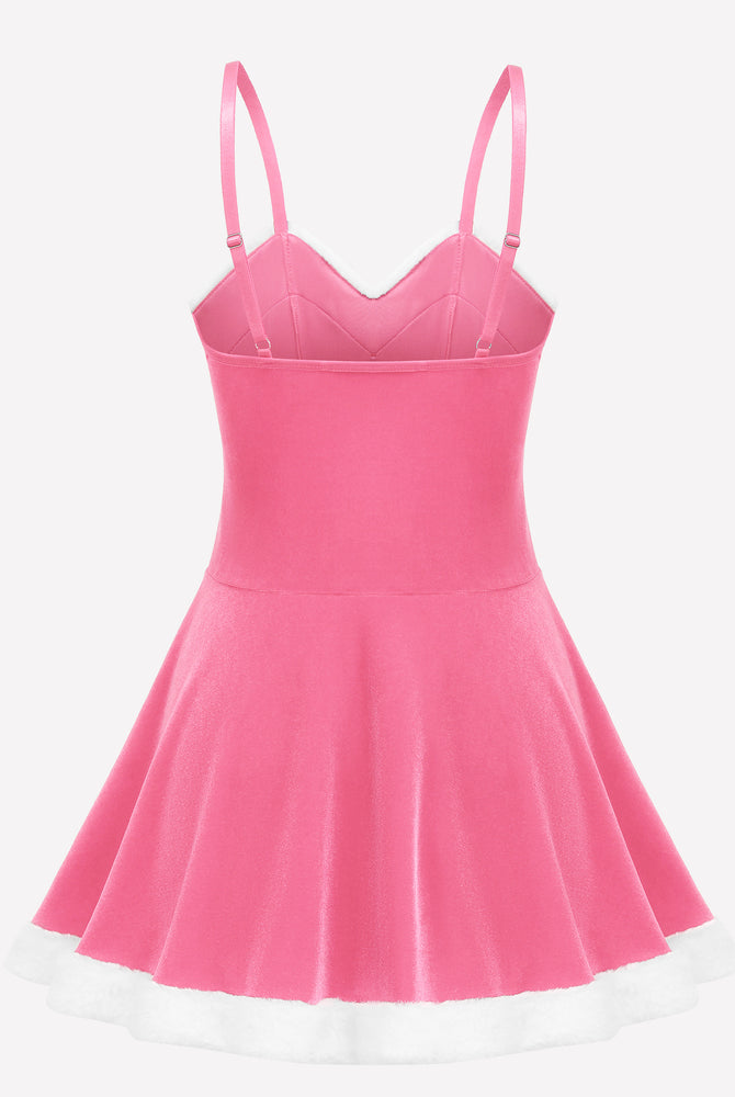 Pink Christmas Santa dress with spaghetti straps and white fur trim. Perfect holiday party outfit.