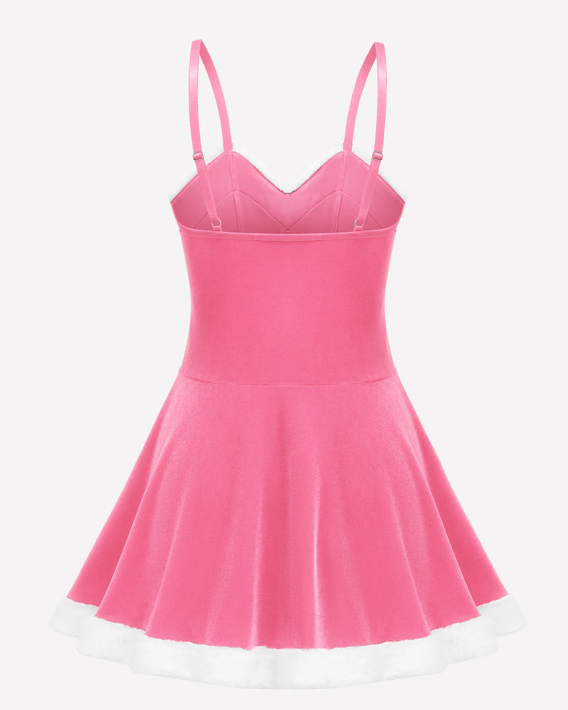 Pink Christmas Santa dress with spaghetti straps and white fur trim. Perfect holiday party outfit.