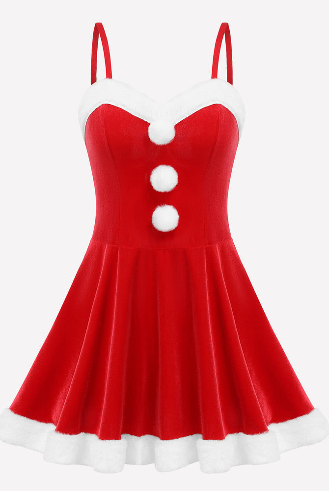 Red Christmas Santa dress with spaghetti straps, white fur trim and pom-poms. Sexy holiday outfit.