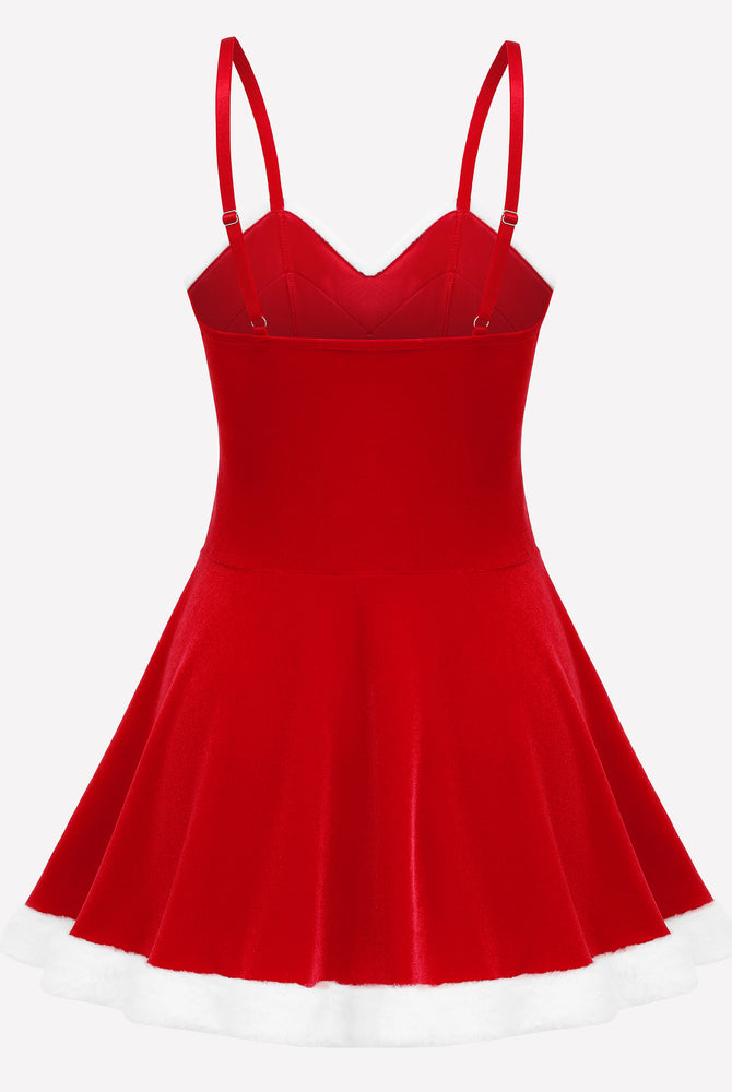 Red velvet Christmas Santa dress, adjustable straps and white fur trim. Perfect for holiday parties
