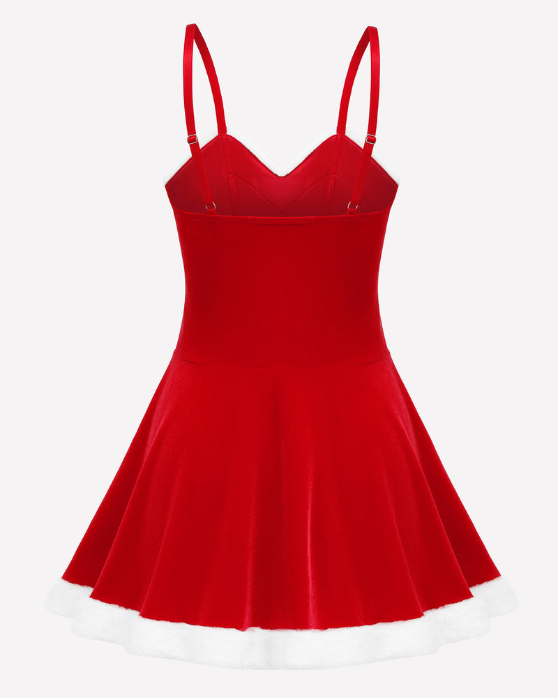 Red velvet Christmas Santa dress, adjustable straps and white fur trim. Perfect for holiday parties
