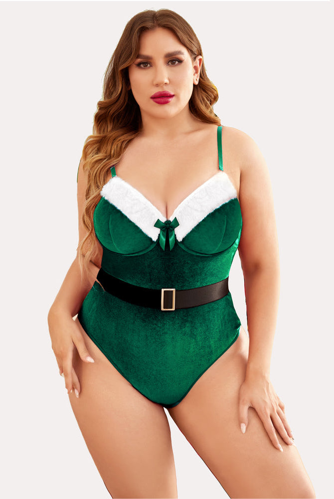 Plus size teddy bodysuit with belt, green plush with white trim and black waist belt