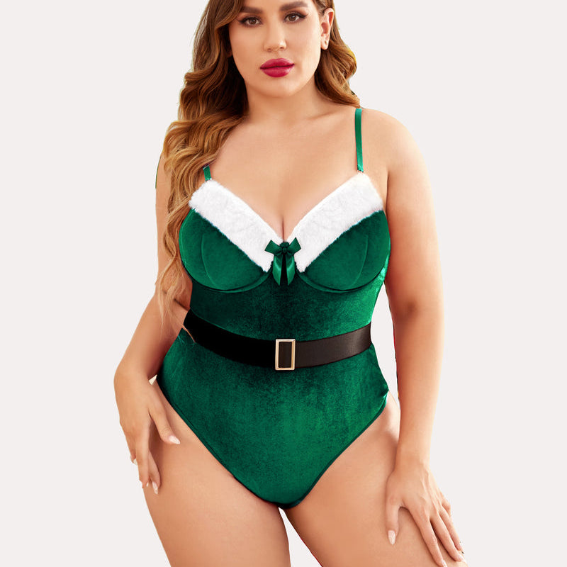 Plus size teddy bodysuit with belt, green plush with white trim and black waist belt