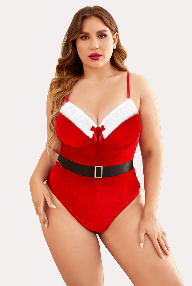 Plus size teddy bodysuit with belt, red plush with white trim and black waist belt